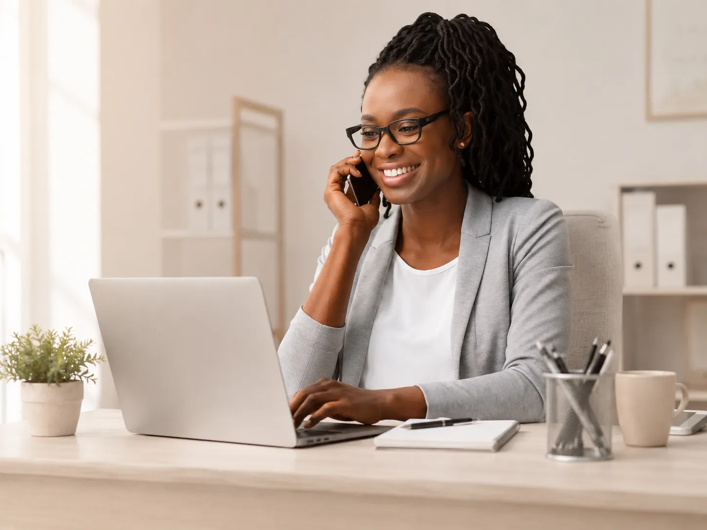 Assistante administrative MAJAYLY au travail, au téléphone avec un client